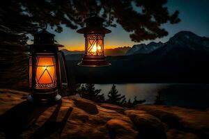 lanternas em a montanha às pôr do sol. gerado por IA foto