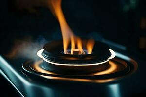 uma fechar acima do uma gás queimador em uma forno. gerado por IA foto