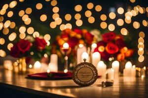 uma mesa com velas e uma ouro medalhão. gerado por IA foto