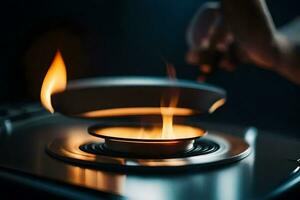 uma pessoa é cozinhando em uma fogão com chamas. gerado por IA foto