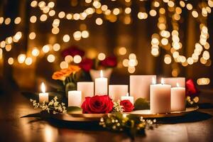 velas e rosas em uma mesa com luzes. gerado por IA foto
