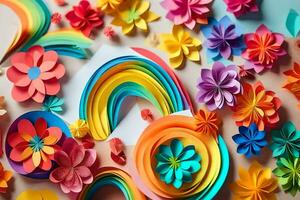 colorida papel flores e uma arco-íris. gerado por IA foto