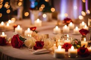 uma mesa com velas e vermelho rosas. gerado por IA foto