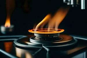 uma gás fogão com chamas em topo. gerado por IA foto