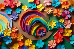 colorida papel flores e uma arco-íris. gerado por IA foto
