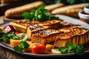 grelhado tofu em uma prato com legumes e pão. gerado por IA foto