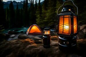 uma acampamento lanterna e uma barraca dentro a madeiras. gerado por IA foto