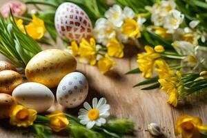 Páscoa ovos e flores em uma de madeira mesa. gerado por IA foto