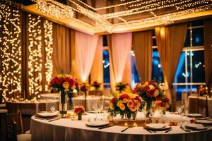 uma Casamento recepção com branco toalhas de mesa e vermelho e laranja flores gerado por IA foto