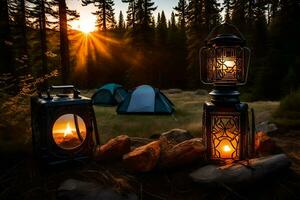 acampamento lanternas e uma barraca dentro a madeiras. gerado por IA foto