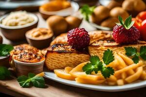 uma prato do Comida com batatas, queijo e fruta. gerado por IA foto