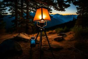 uma luminária em uma tripé dentro a meio do uma floresta. gerado por IA foto