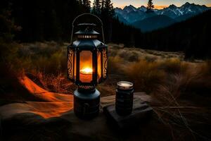 uma lanterna e uma pode do Cerveja em uma montanha. gerado por IA foto