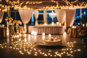 uma Casamento bolo é conjunto acima em uma mesa com velas. gerado por IA foto