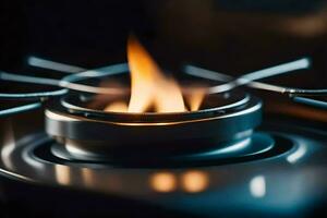 uma fechar acima do uma gás fogão com uma chama. gerado por IA foto