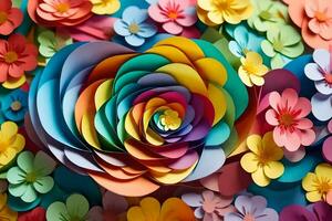 colorida papel flores arranjado dentro uma coração forma. gerado por IA foto