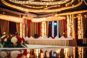 uma Casamento recepção com vermelho e branco flores gerado por IA foto