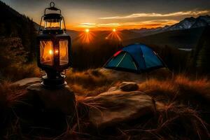 a lanterna é aceso às pôr do sol dentro a montanhas. gerado por IA foto