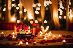 velas e rosas estão aceso em uma mesa com uma vela. gerado por IA foto
