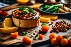 uma queijo torta com legumes e fruta em uma corte borda. gerado por IA foto