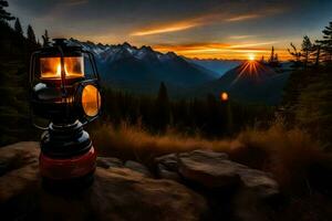 uma lanterna é aceso em uma montanha às pôr do sol. gerado por IA foto