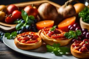 alimentos em uma prato com tomates, uvas e de outros frutas. gerado por IA foto