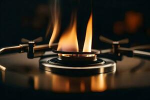uma gás queimador em uma fogão com chamas. gerado por IA foto