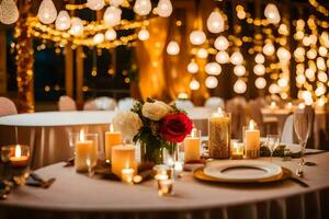 uma mesa conjunto com velas e flores gerado por IA foto