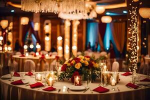 uma Casamento recepção mesa com velas e vermelho e ouro decorações. gerado por IA foto