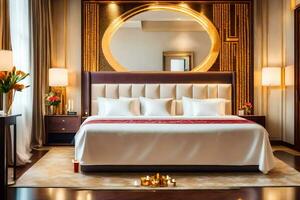 uma ampla cama dentro uma hotel quarto com uma ampla espelho. gerado por IA foto