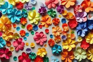 uma parede do papel flores arranjado dentro diferente cores. gerado por IA foto