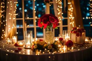 uma mesa com velas e flores dentro frente do uma janela. gerado por IA foto