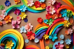 uma colorida papel flor parede com arco Iris e flores gerado por IA foto