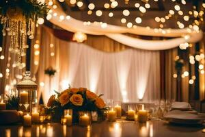 uma mesa com velas e flores é conjunto acima para uma casamento. gerado por IA foto