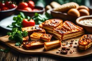 uma de madeira corte borda com fatias do pão e de outros ingredientes. gerado por IA foto