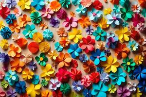 uma parede coberto com colorida papel flores gerado por IA foto