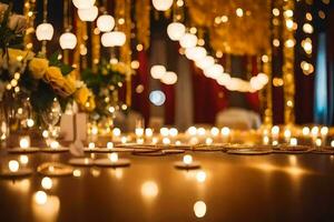 uma mesa com velas e flores dentro frente do uma ouro cortina. gerado por IA foto