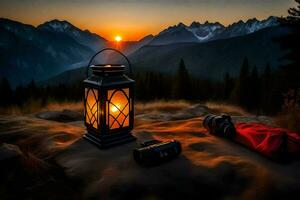 a lanterna, Câmera, e montanhas às pôr do sol. gerado por IA foto