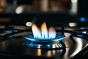uma gás fogão com azul chamas em isto. gerado por IA foto