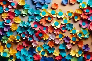 uma colorida parede coberto com papel flores gerado por IA foto