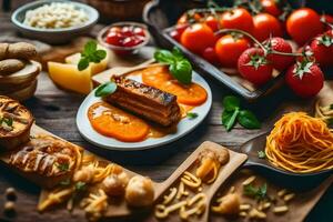 vários tipos do Comida em uma de madeira mesa. gerado por IA foto