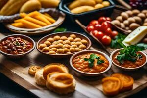 uma variedade do Comida em uma de madeira bandeja. gerado por IA foto