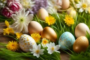 Páscoa ovos e flores em uma de madeira mesa. gerado por IA foto