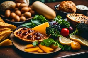 uma prato do Comida com pão, queijo, ovos, e de outros alimentos. gerado por IA foto