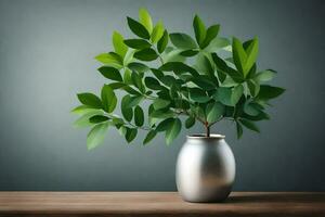 uma verde plantar dentro uma prata vaso em uma mesa. gerado por IA foto