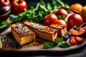 uma prato do tofu com legumes e ervas. gerado por IA foto