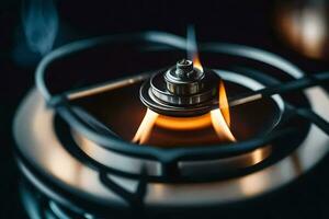 uma fechar acima do uma gás fogão com chamas. gerado por IA foto