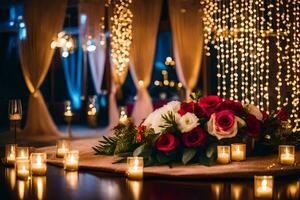 uma Casamento recepção com velas e flores gerado por IA foto