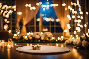 Casamento argolas em uma mesa com velas e luzes. gerado por IA foto