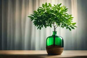 uma verde plantar dentro uma vidro garrafa em uma mesa. gerado por IA foto